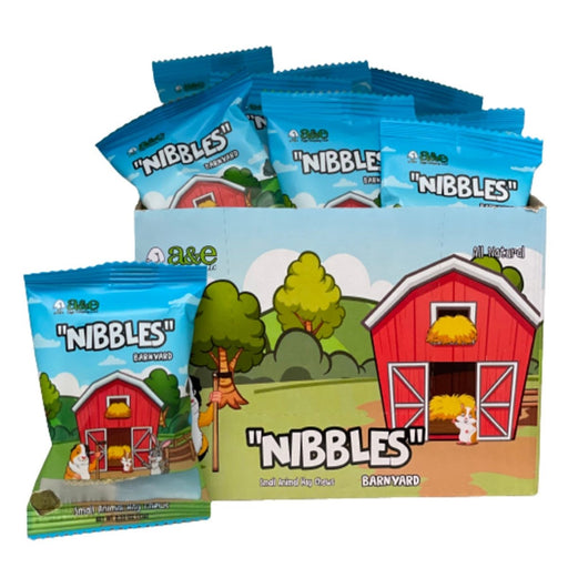 A and E Cages Barnyard Nibbles Hay Chew Small Animal Bites Round 32pc Display - Petsplace.store