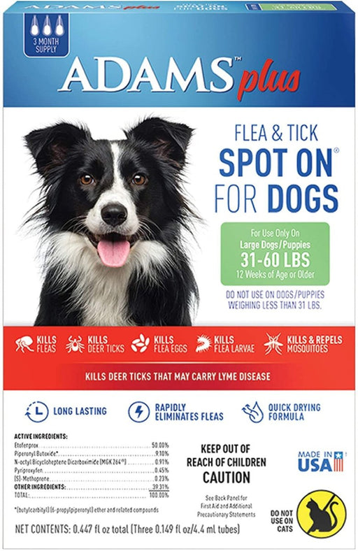 Adams Plus Flea & Tick Prevention Spot On for Dogs 3 Month Supply Clear 1ea/Large Dogs 31 To 60 lb - Petsplace.store