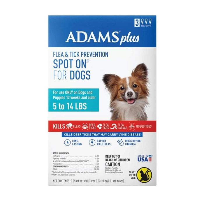 Adams Plus Flea & Tick Prevention Spot On for Dogs 3 month supply Clear 1ea/SMall Dog 5 To 14 lb - Petsplace.store