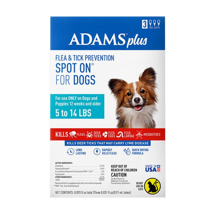 Adams Plus Flea & Tick Prevention Spot On for Dogs 3 month supply Clear 1ea/SMall Dog 5 To 14 lb - Petsplace.store