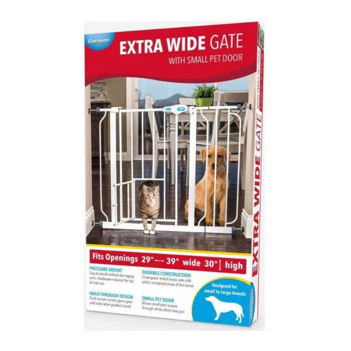 Carlson Extra Wide Pet Gate w/ Small Pet Door White 29 - 39 X 30in. - Petsplace.store