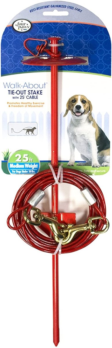 Four Paws Roam About Dog Tie Out Stake with Cable Red 1ea/25 ft - Petsplace.store