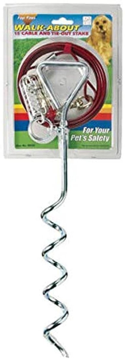 Four Paws Walk About Tie - Out Dog Spiral Stake Silver 1ea/15 Ft. Cable - Petsplace.store