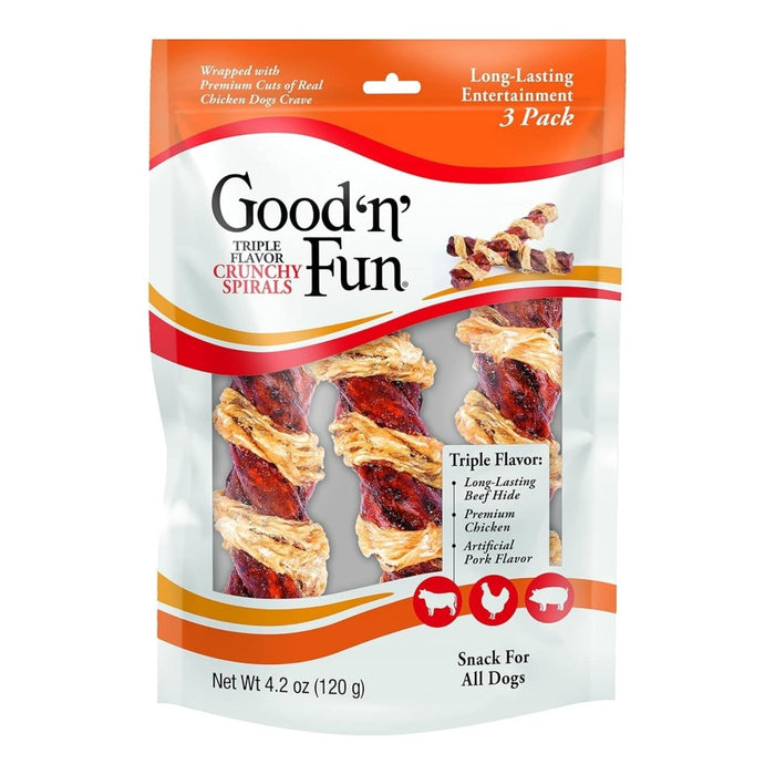 Good 'N' Fun Triple Flavor Crunchy Spirals Pork/Beef/Chicken 3Pack - Petsplace.store