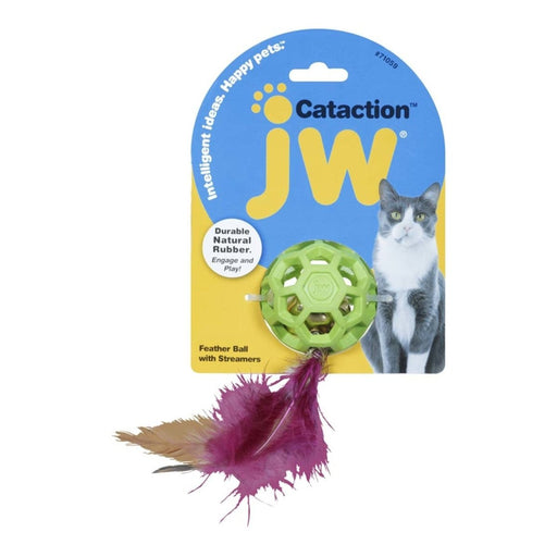 JW Pet Cataction Feather Ball with Bell Cat Toy Green 1ea/One Size - Petsplace.store