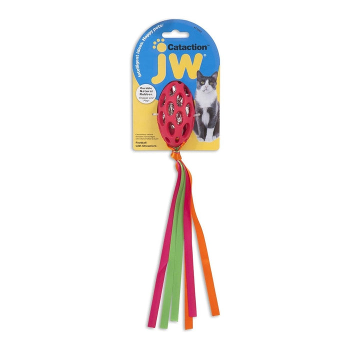 JW Pet Cataction Football with Streamers Cat Toy Red 1ea/One Size - Petsplace.store