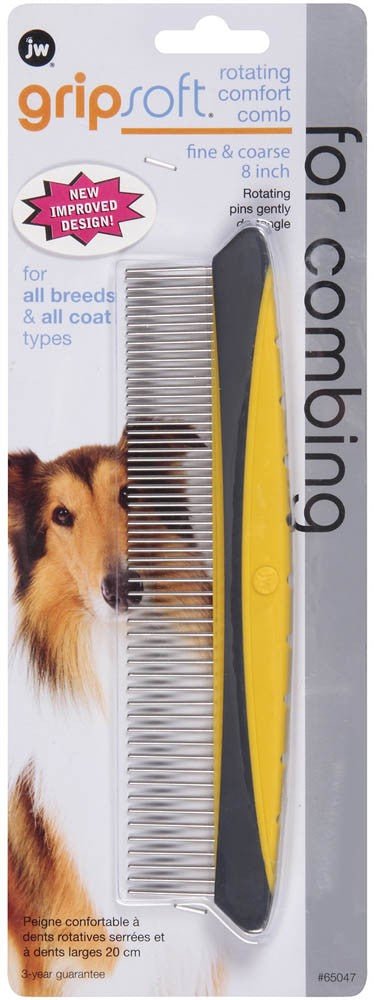 JW Pet Rotating Comfort Comb Fine & Coarse Grey/Yellow 1ea/SM, 8 in - Petsplace.store