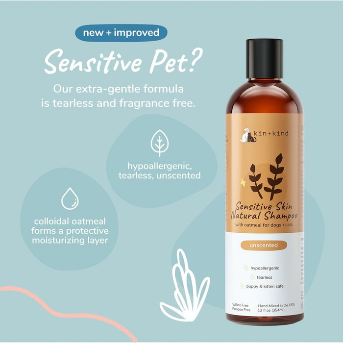 **Kin+Kind Sensitive Skin Unscented Oatmeal 12oz. Natural Shampoo Puppy/Kitten Safe - Petsplace.store