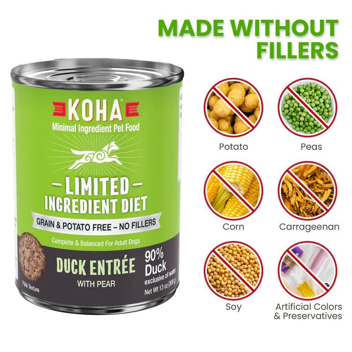 Koha Dog Limited Ingredient Grain Free 90% Duck 13oz. (Case of 12) - Petsplace.store