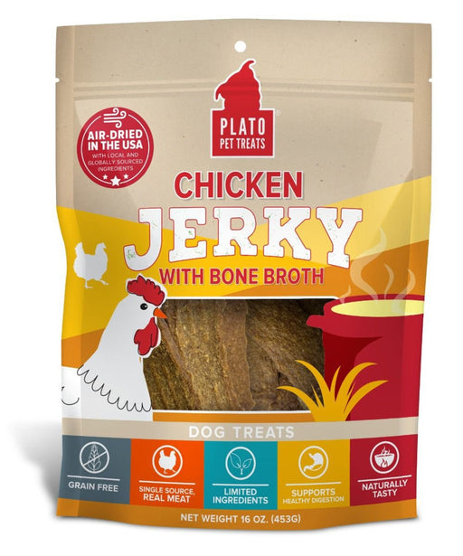 Plato Dog Jerky Chicken With Bone Broth 16oz. - Petsplace.store