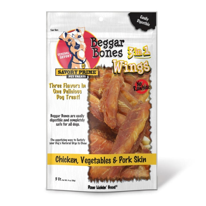 Savory Prime Beggar Bone 3in1 Wings Dog Treat Chicken, Vegetable & Pork, 1ea/5 ct - Petsplace.store